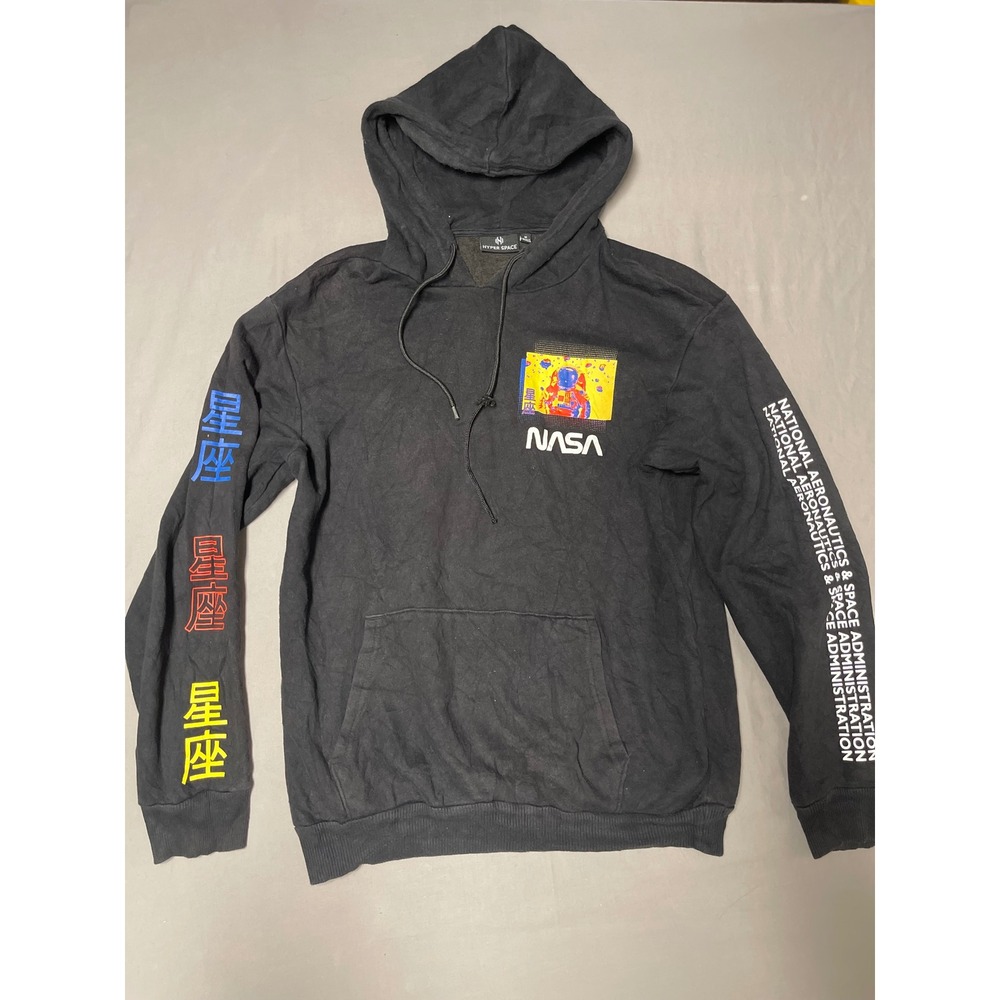 Hyper Space NASA Graphic Hoodie Mens Medium Black Astronaut Kanji Streetwear